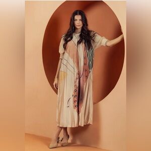 Beige Knit-Sleeve Maxi Dress with Multicolor Pleated Front